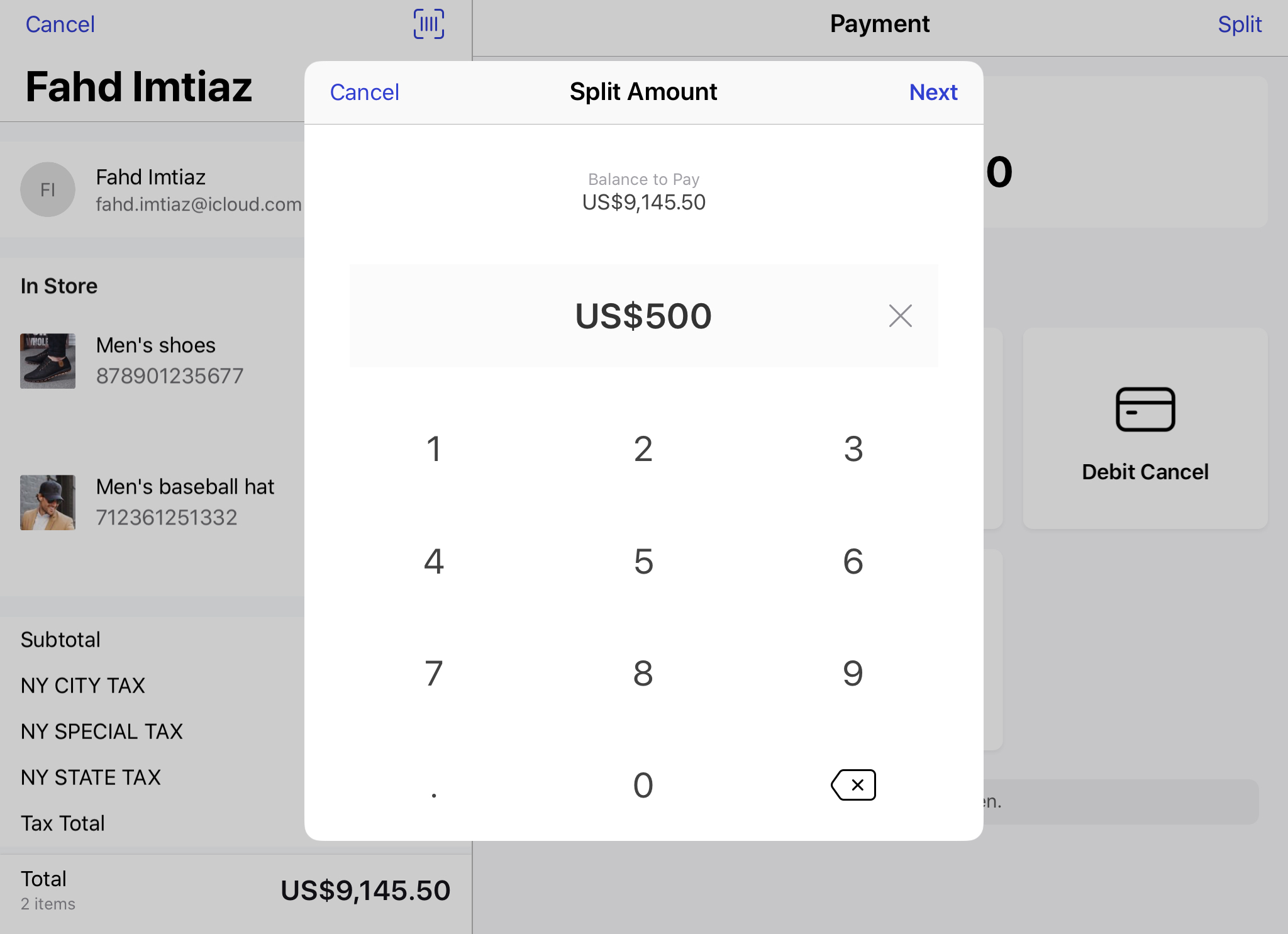 When splitting a payment, a keypad will appear on screen where a number can be entered to set the split amount.