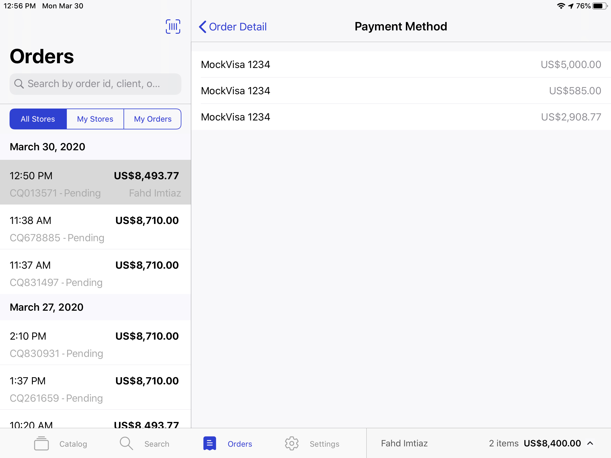 When viewing an order, all the payment options used will be listed out