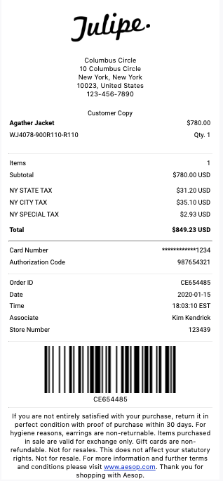 This image is an example of a receipt generate by Tulip.