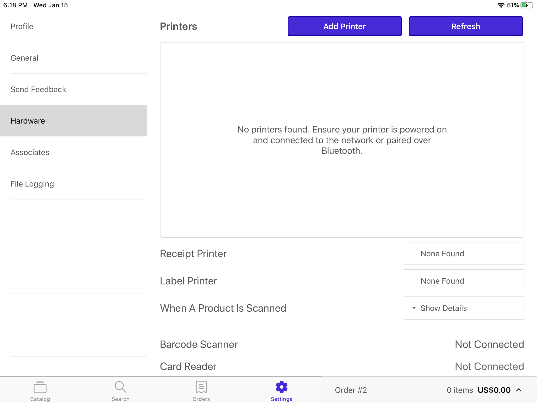 Under the hardware section, a printer can be added and configured.