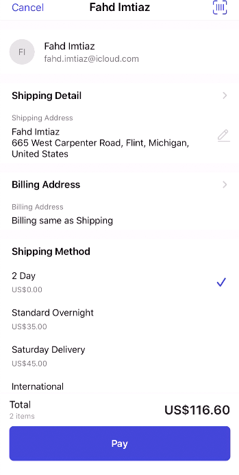 Tapping on the Pay button will reveal the methods of payment screen.