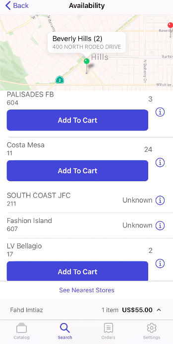 The available locations of a product can be viewed and added to a cart.