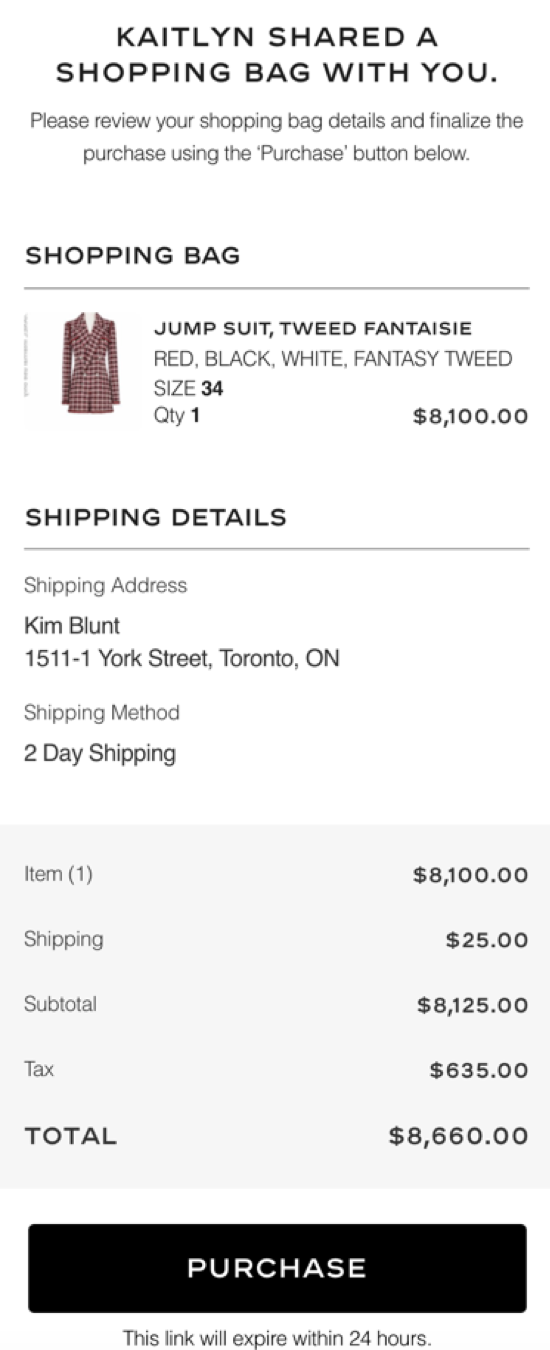 The email the customer receives will contain all the information they need to continue with their purchase.