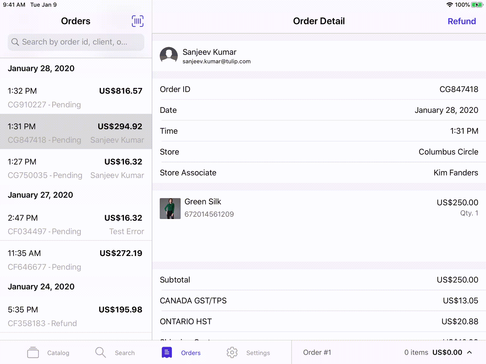 Tapping on an order will reveal the order details which can be scrolled.