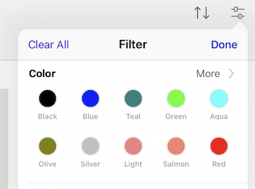 The filter menu contains a preview of all the available swatches to filter.