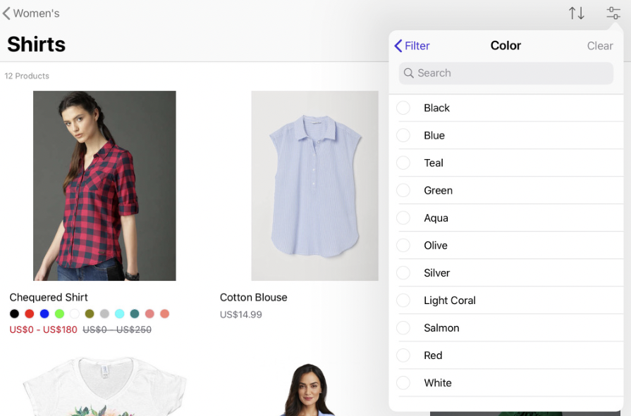 By tapping on More, a list of all available swatches to filter will appear with a search bar.