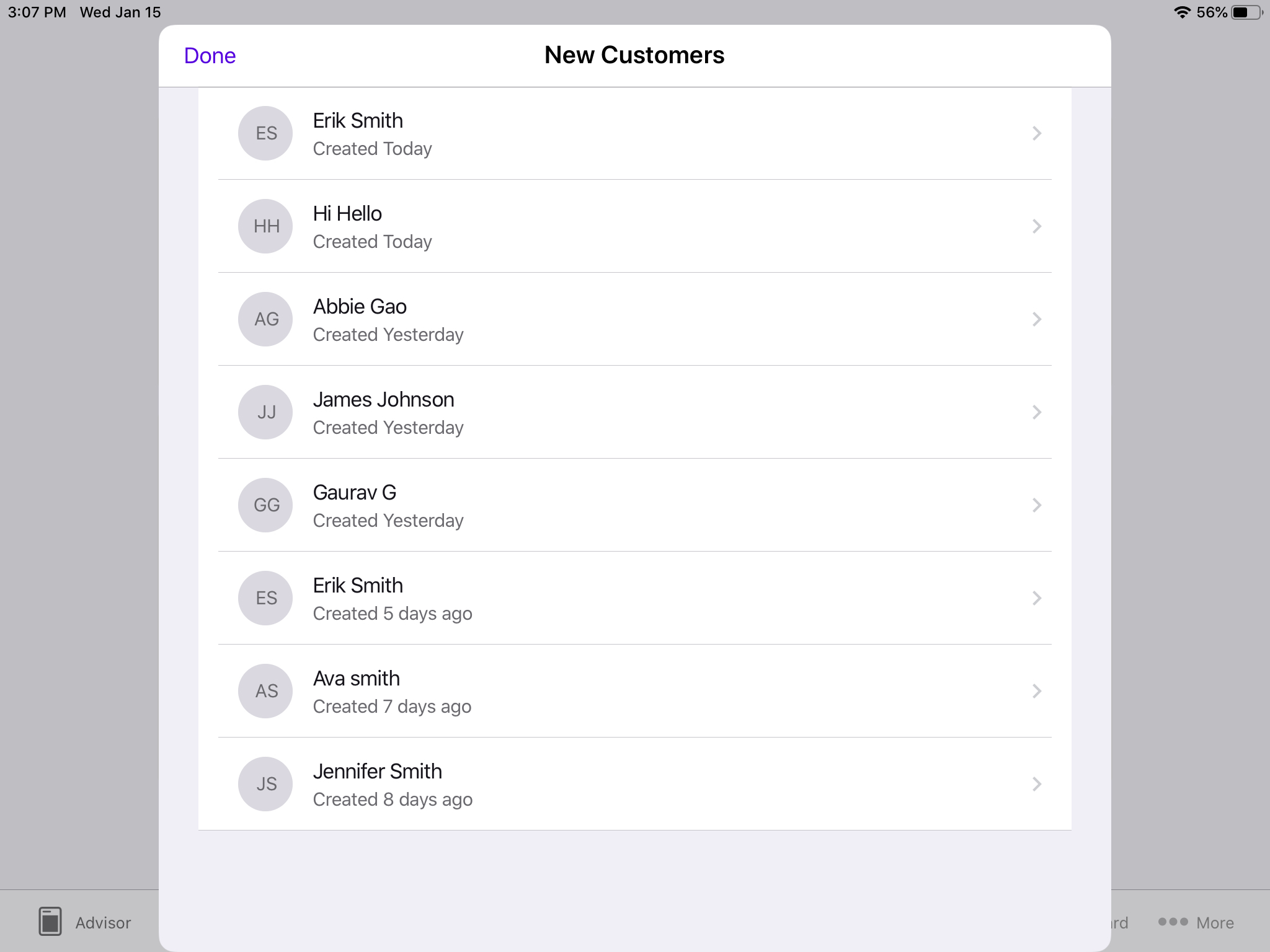 The New Customers menu displays the customers in a list. Tapping on a customer reveals more information and actions.