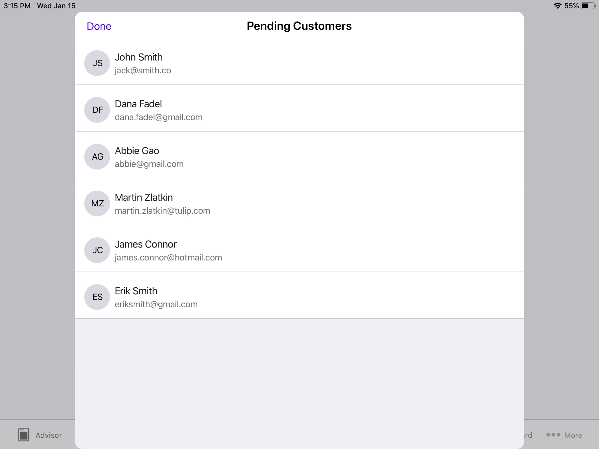 The Pending Customers menu displays the customers in a list. Tapping on a customer reveals more information and actions.