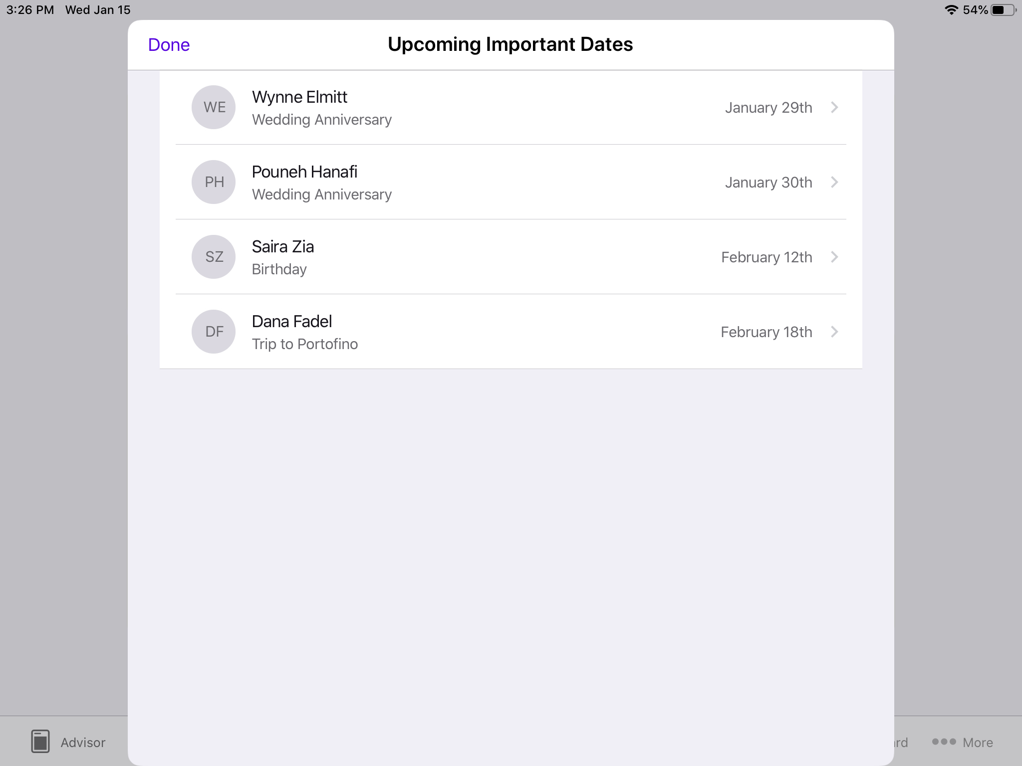 The Upcoming Important Dates menu displays the customer events in a list. Tapping on a event reveals more information and actions.