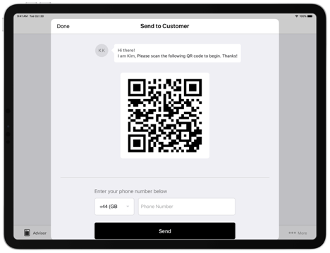 On the Send to Customer menu, you can send a QR code as well as enter your phone number. The send button is at the bottom in black.