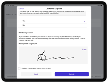 The form is customisable with a signature section at the bottom which can be cleared.