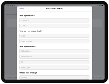 A section in Customer Capture where the following details can be entered: your name, your contact details, your address, your birthday.