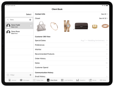 On the Client Book screen, the customer 360 view, and communication history is available.