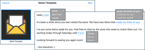 An example template with example phrases that can be entered in predermined locations.