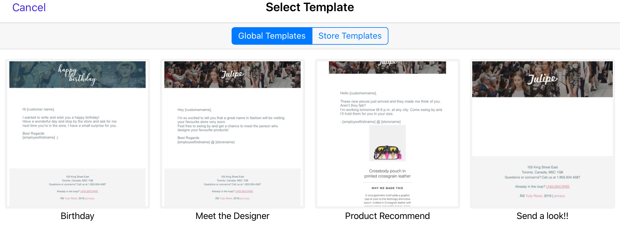 The select template screen displays the avaible templates under global and store categories.