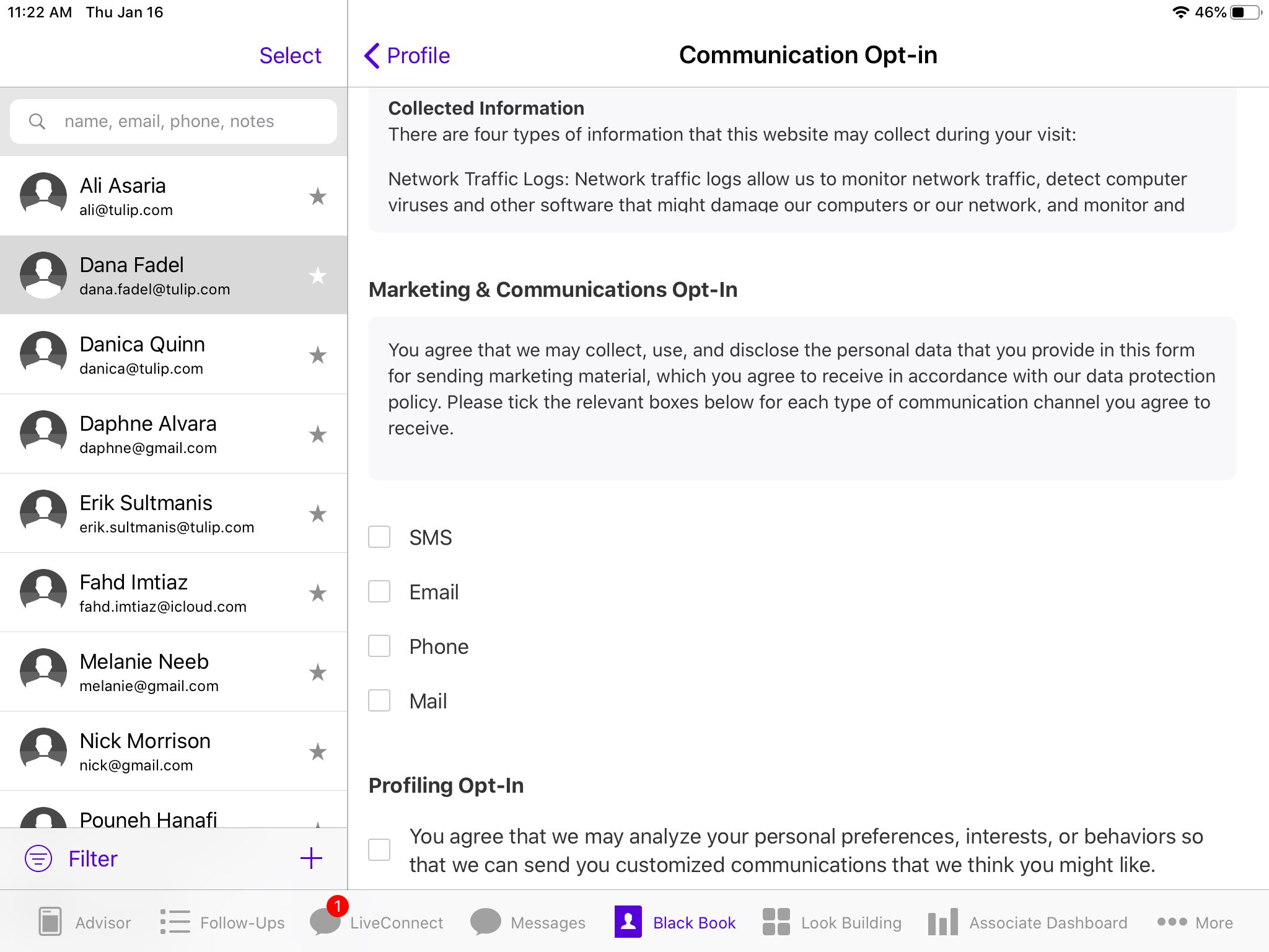 The Communication Opt-in screen shows the conesnt form which consists of checkboxes the customer can interact with.