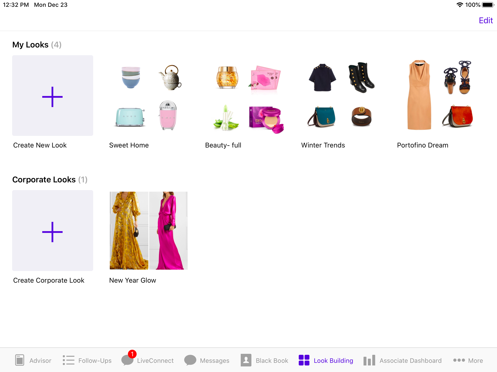 The Look Builder displays all the created looks under seperate and customisable categories. Each look contains a image previewing some items included.