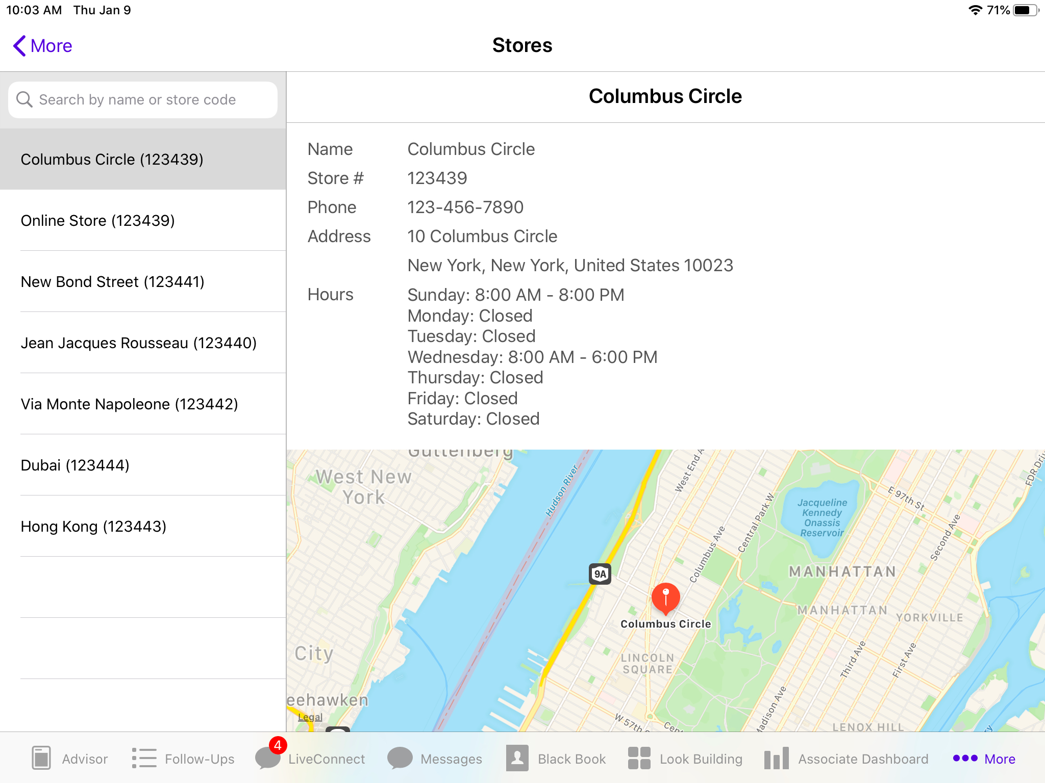 Tapping on a store will provide an expanded view containing its name, store number, phone, address, hours, and a map of the location.