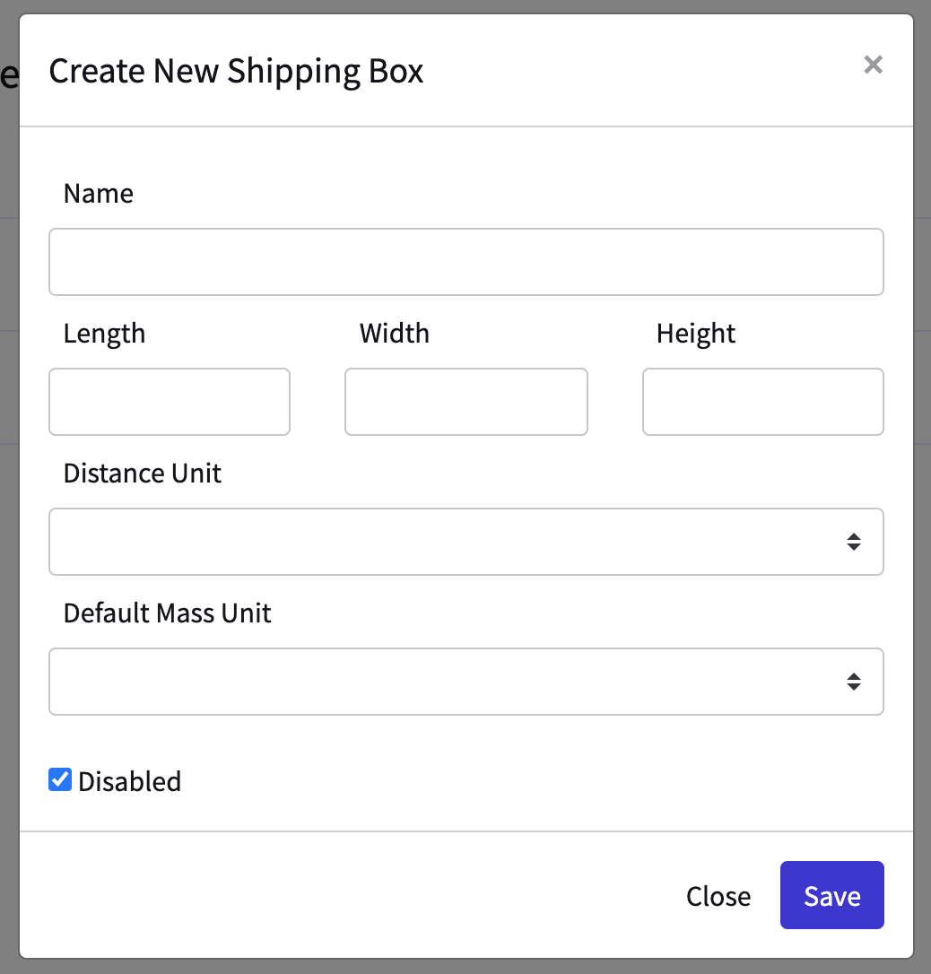 The Create New Shipping Box pop up is open with adjustable box Name and dimensions.