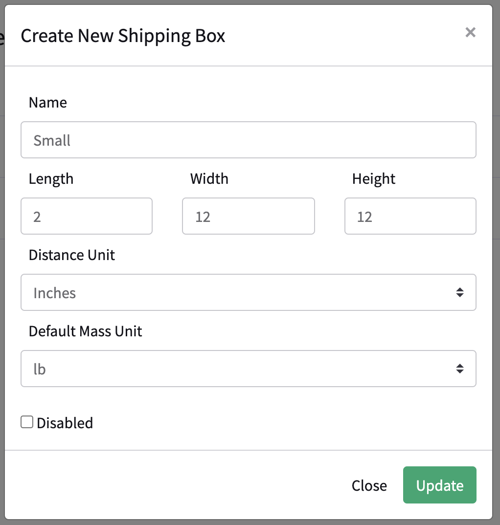 The pop up to edit an exisiting box is open with adjustable Name and dimensions.