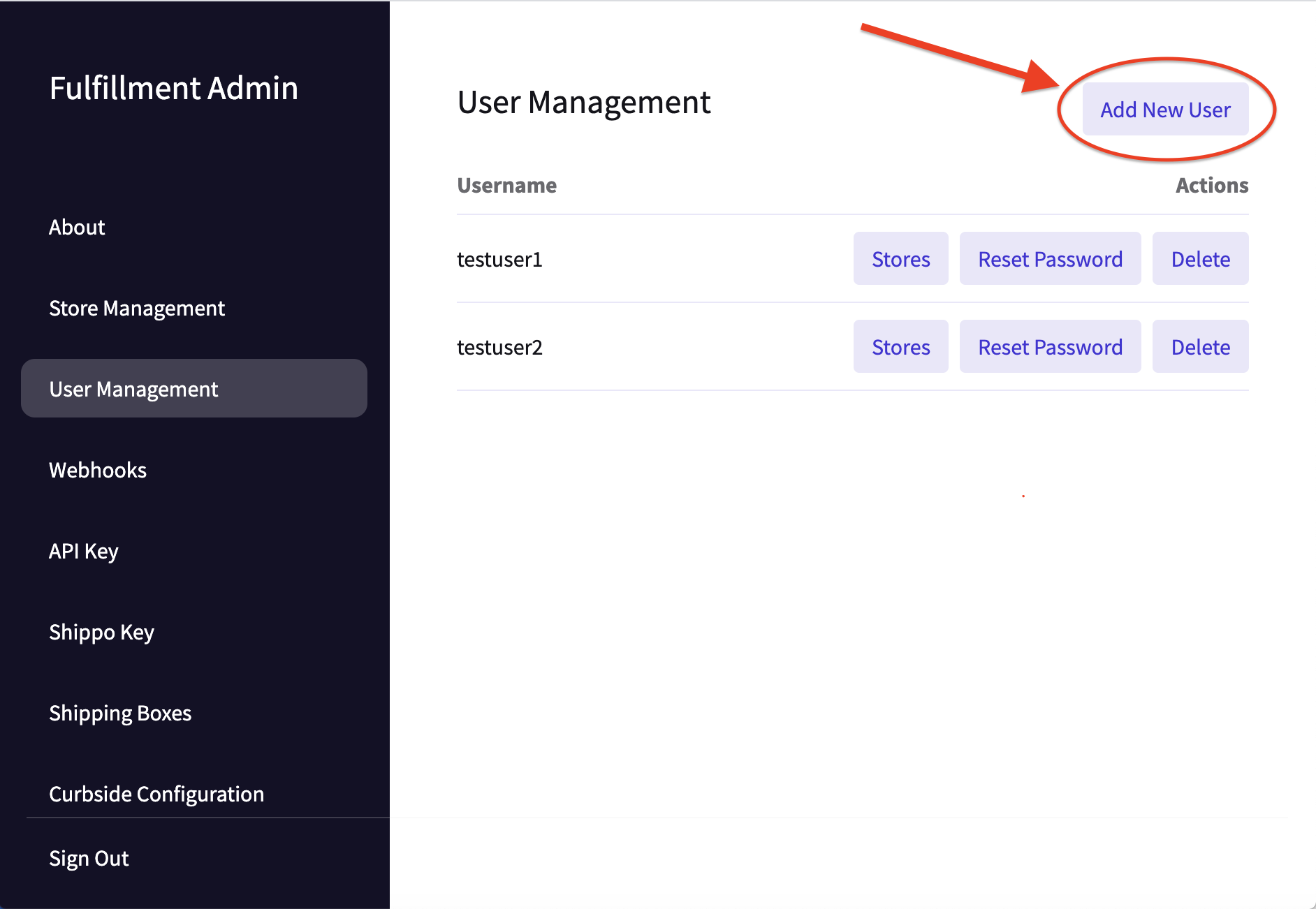 User Management page in Tulip Fulfillment Admin app showing the Add New User button