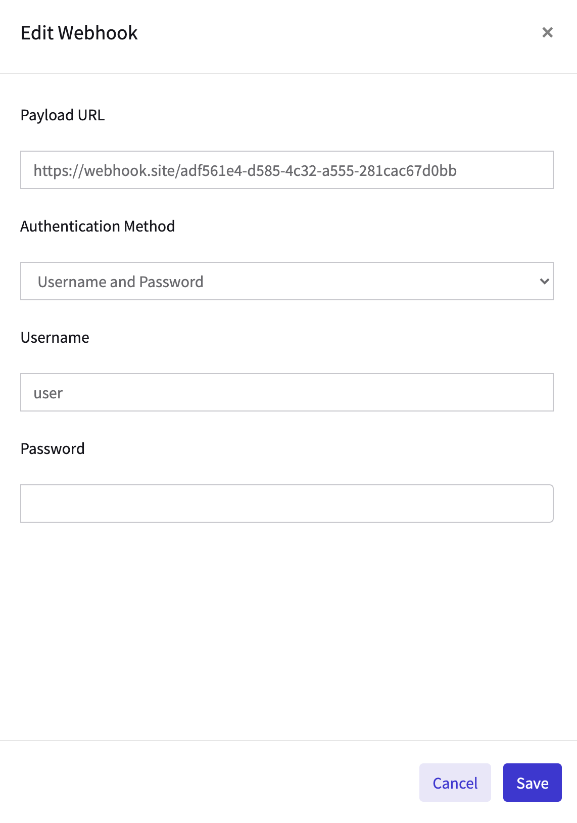 An Edit Webhook pop upm is displayed with changeable Payload URL, Authentication Method, User name and Password.