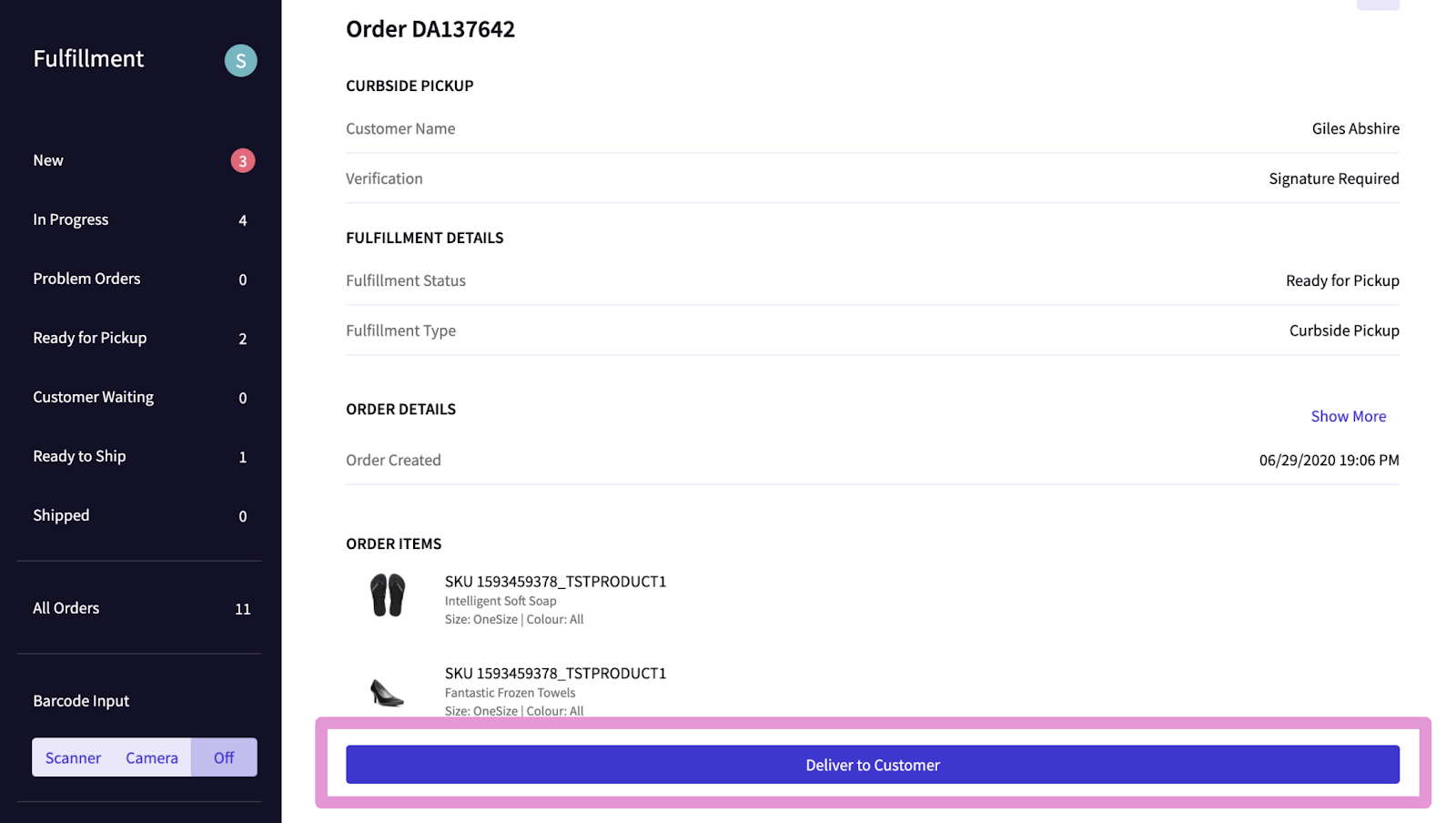 The Deliver to Customer button is displayed at the botton of the Order Details screen.
