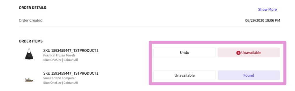 Two items in an order are displayed. One still to be found, one marked as Unavailable.