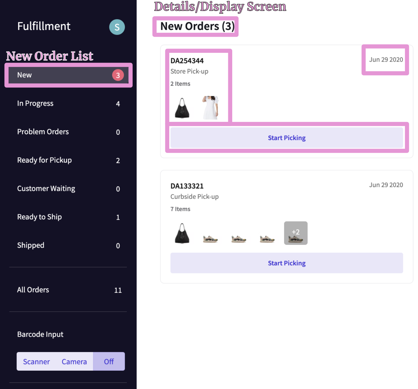 The New Order Details Screen is displayed with outlines different Order details and where the 'Start Picking' button is for individual Orders.