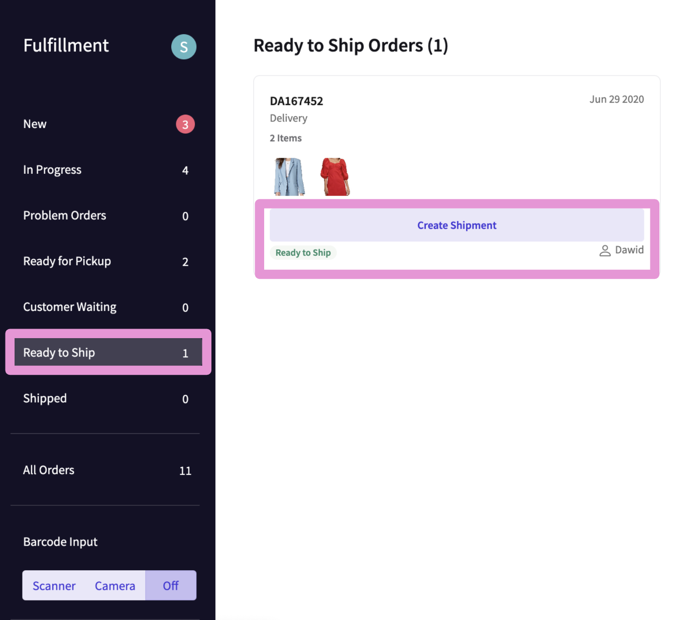 An Order is shown in the Ready to Ship menu with a Create Shipment button attached to it.