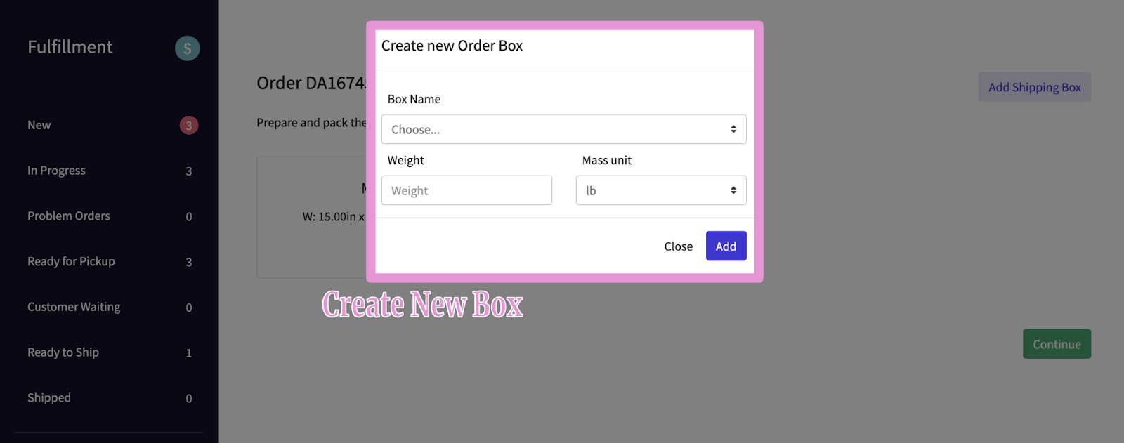 An editing screen pops up displaying changeable box name and dimensions for a newly created box.