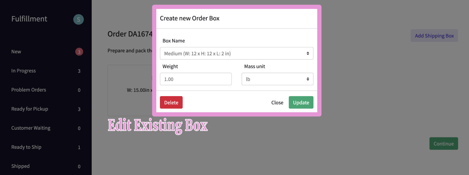 An editing screen pops up displaying adjustable box details for an already exisiting box.