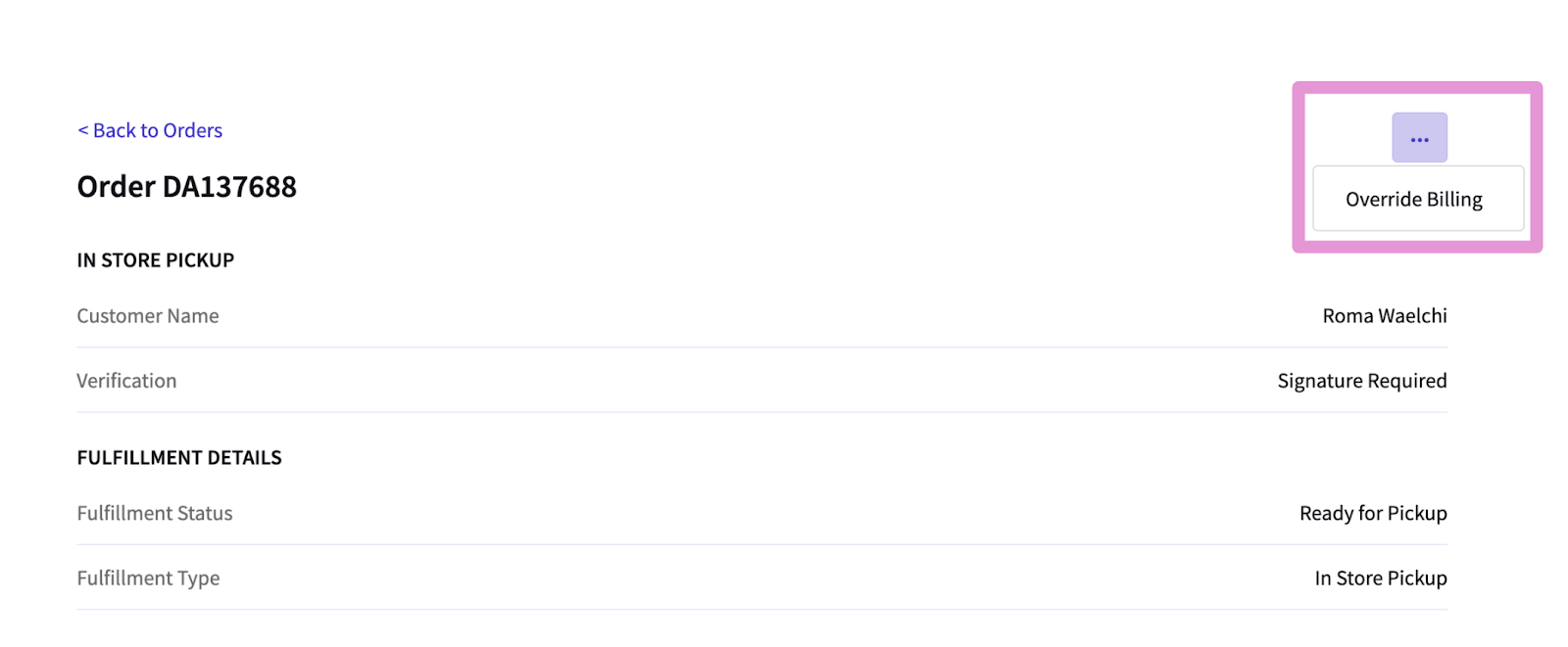 The Override billing button is displayed in the top right corner of the Details page.