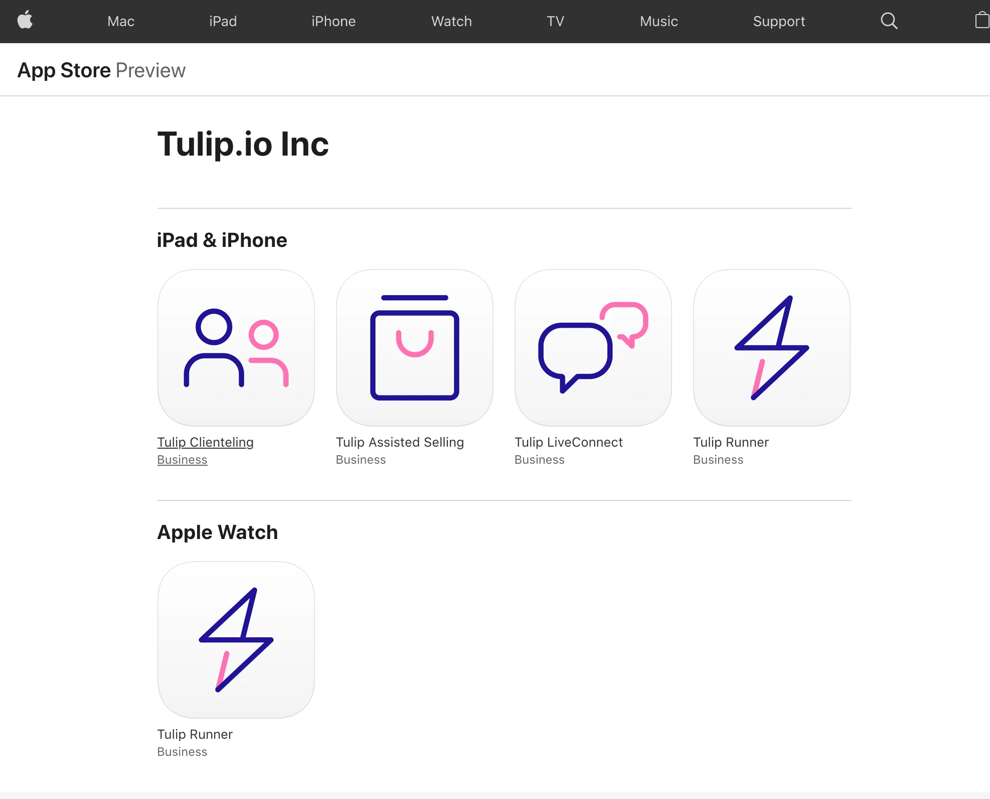 Tulip's Clienteling, Assisted Selling, LiveConnect, and Runner are displayed.