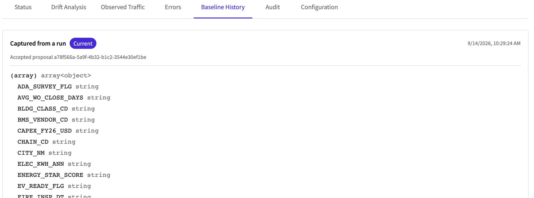 The Baseline History tab, showing the current baseline captured from a run with its timestamp and the full schema beneath