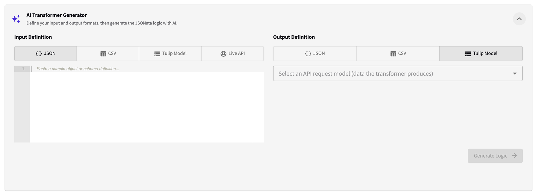 The AI Transformer Generator, with Input Definition offering JSON, CSV, Tulip Model and Live API, and Output Definition offering JSON, CSV and Tulip Model